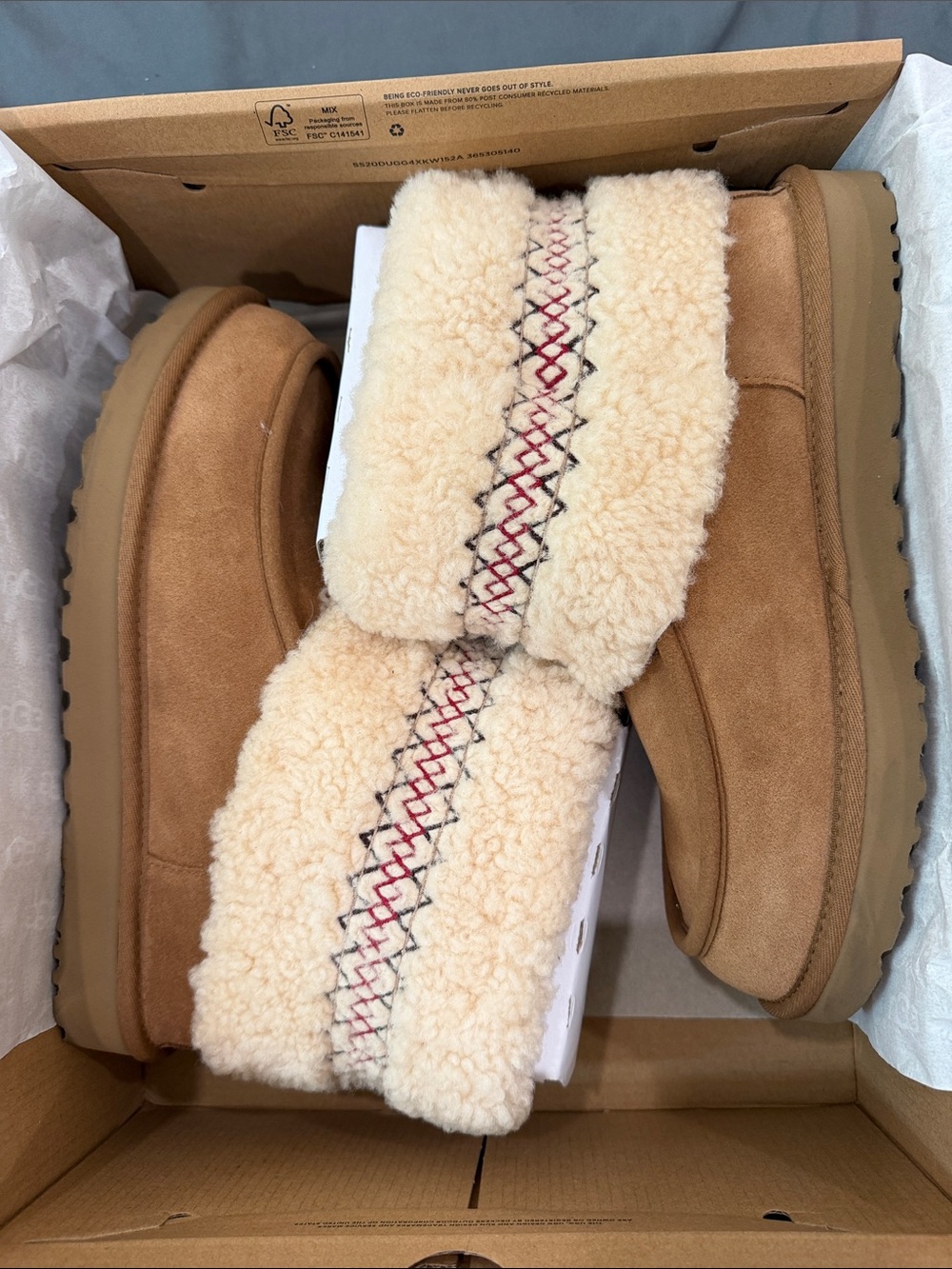 UGG Chestnut Suede Shearling Cuff Mules with Embroidered Trim